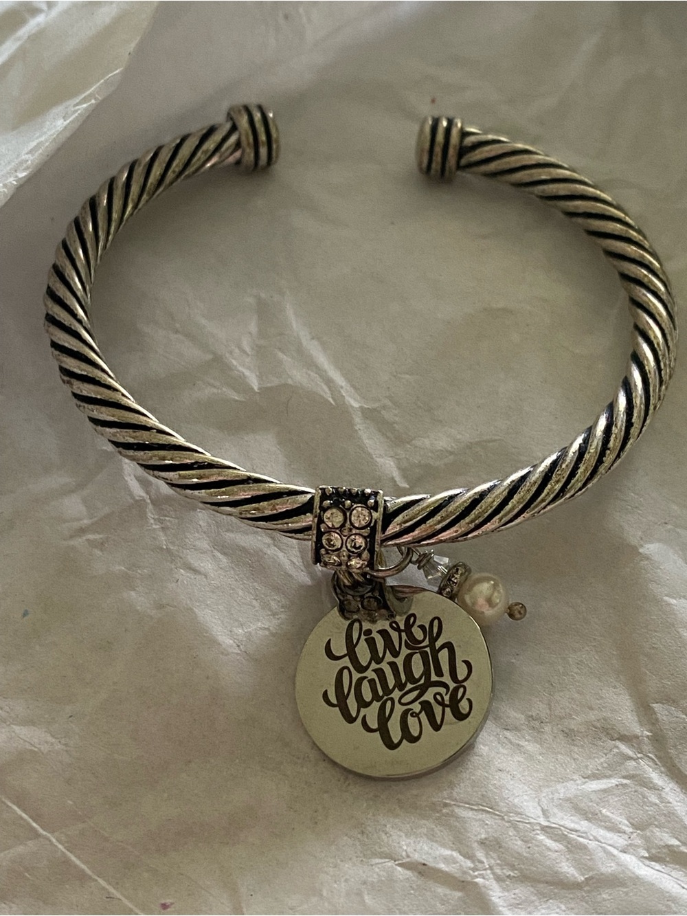 Live Laugh Love Silver-Tone Twisted Cuff Bracelet with Charm